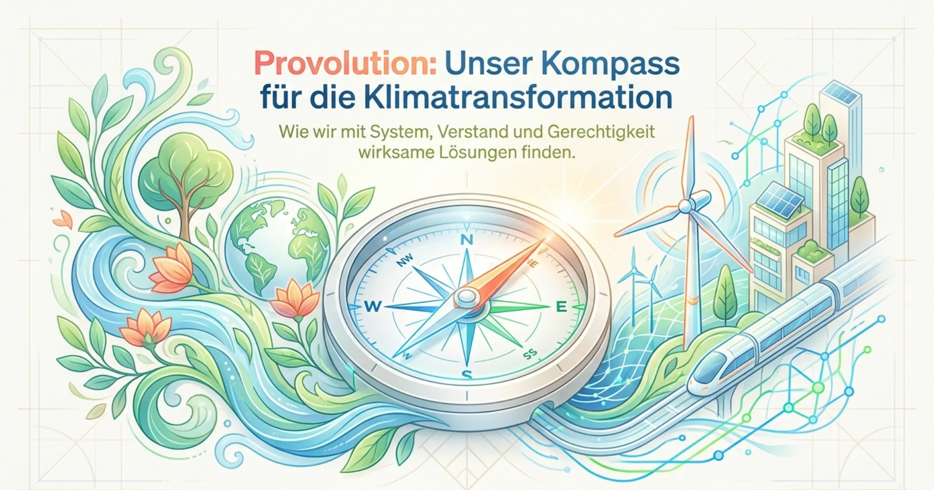 Titel-Bild: Provolution — Unser Kompass für die Klimatransformation. Wie wir mit System, Verstand und Gerechtigkeit wirksame Lösungen finden. Illustration eines Kompasses umgeben von Natur, Windrad, Stadt und Hochgeschwindigkeitszug.
