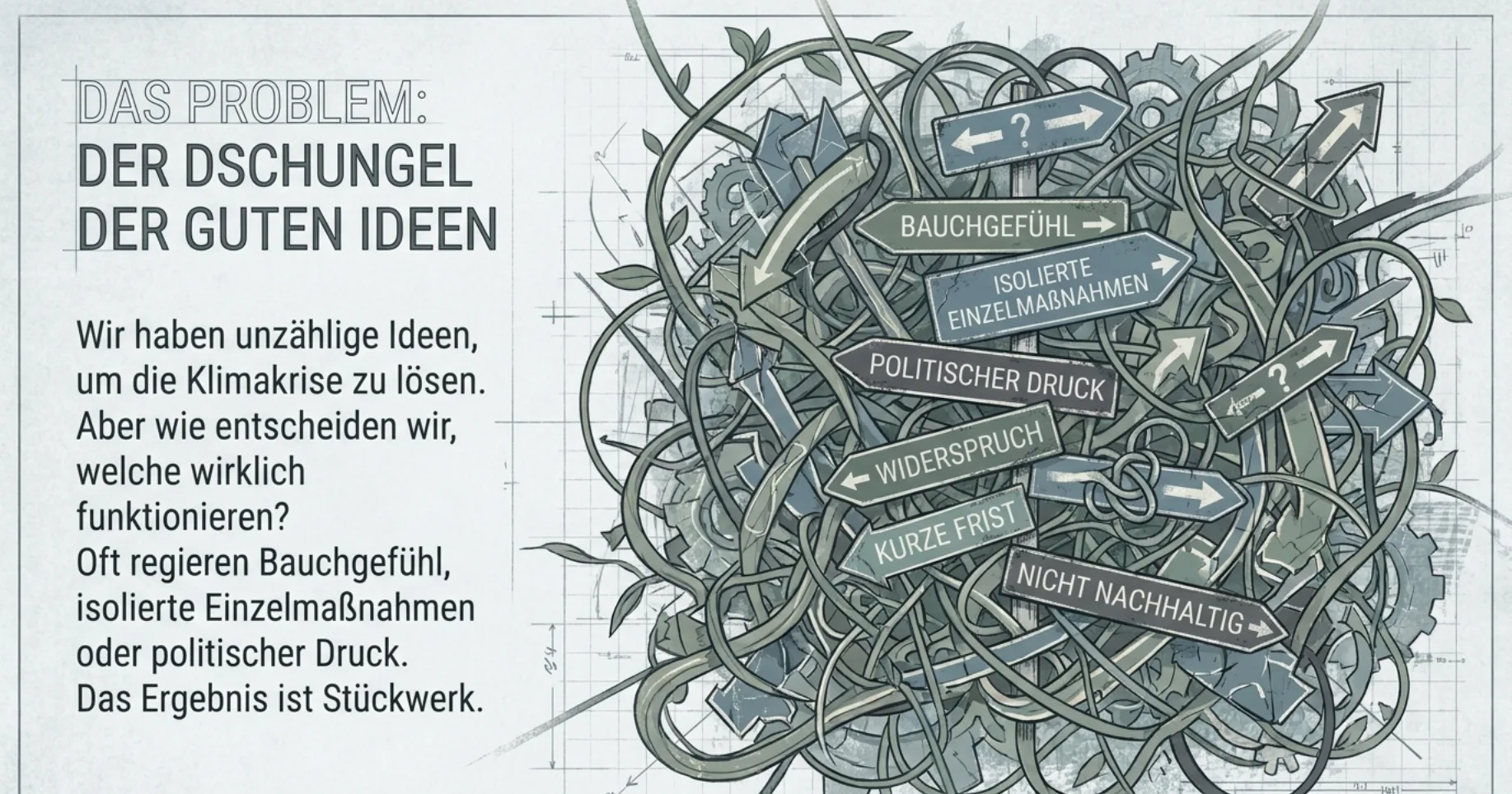 Das Problem: Der Dschungel der guten Ideen. Illustration verworrener Wegweiser mit Aufschriften wie Bauchgefühl, isolierte Einzelmaßnahmen, politischer Druck, Widerspruch, kurze Frist, nicht nachhaltig.