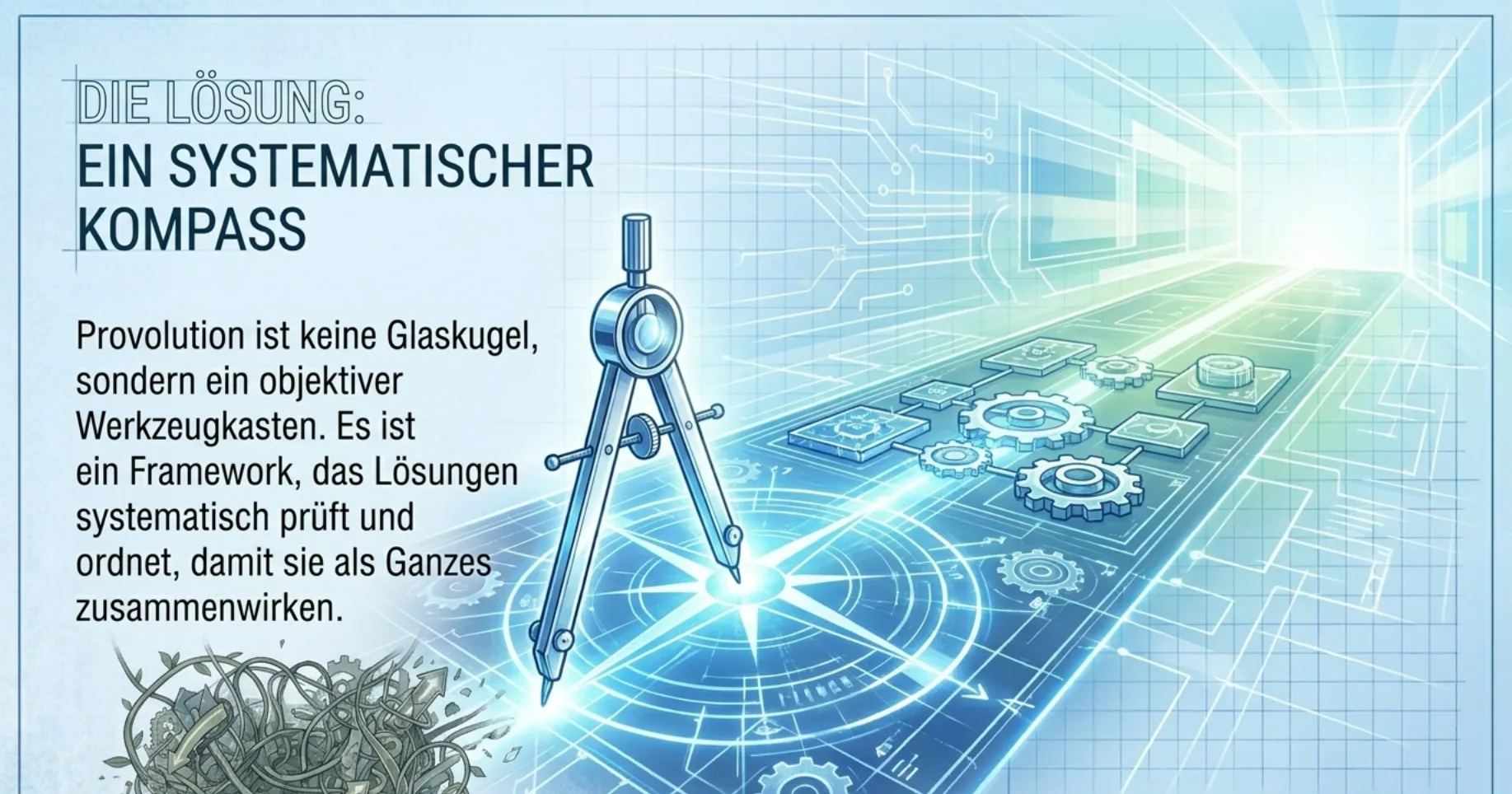 Die Lösung: Ein systematischer Kompass. Illustration eines Zirkels auf einem Blueprint mit Zahnrädern, Kreisringen und Lichtstrahlen.