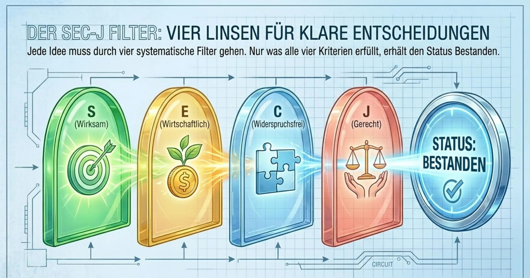 Der SEC-J-Filter: Vier Linsen für klare Entscheidungen. Vier farbige Bögen mit Symbolen für S (Wirksam, Zielscheibe), E (Wirtschaftlich, Geldpflanze), C (Widerspruchsfrei, Puzzle), J (Gerecht, Waage). Status: Bestanden.