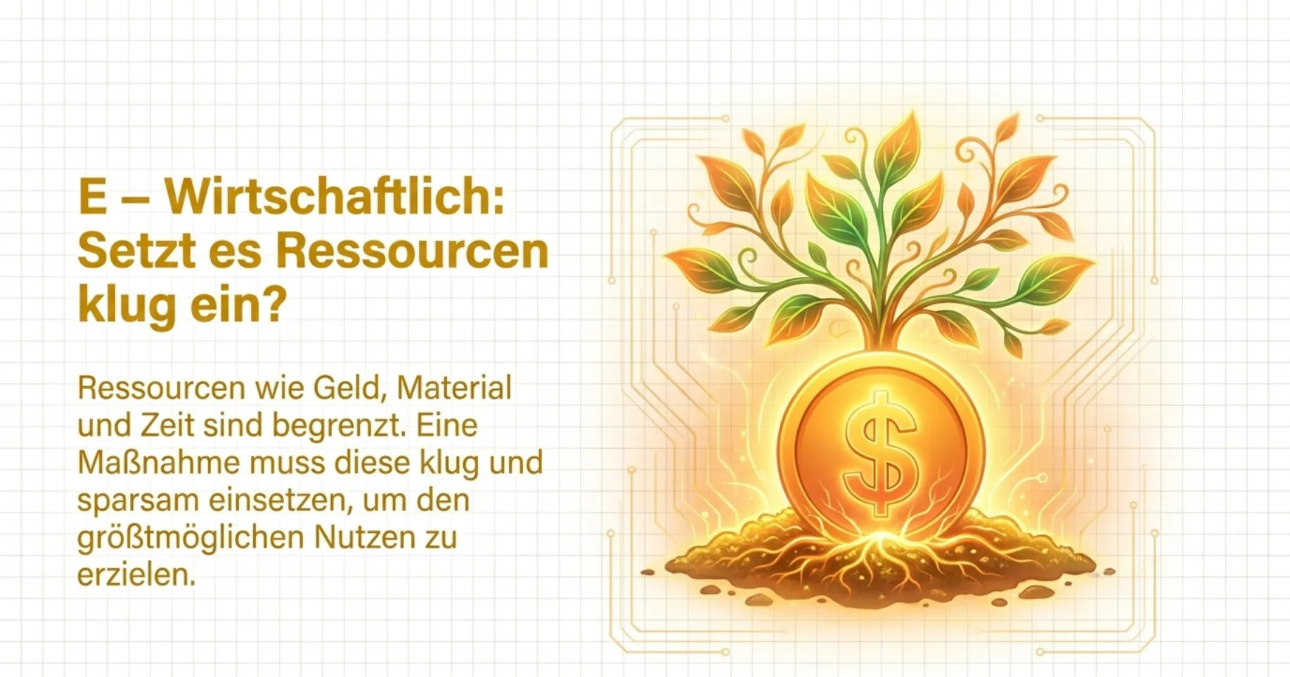 E — Wirtschaftlich: Setzt es Ressourcen klug ein? Illustration einer wachsenden Pflanze, die aus einer goldenen Münze sprießt.