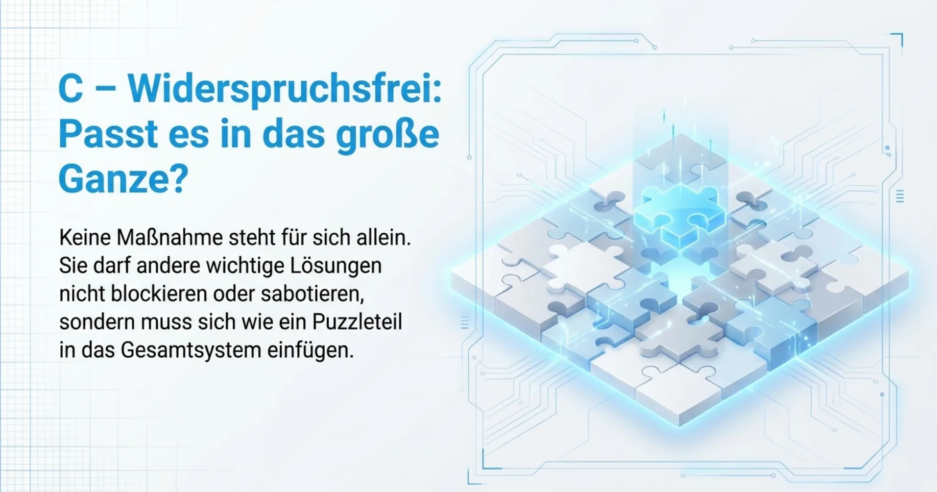 C — Widerspruchsfrei: Passt es in das große Ganze? Illustration eines Puzzles, in das das letzte Teil leuchtend eingefügt wird.