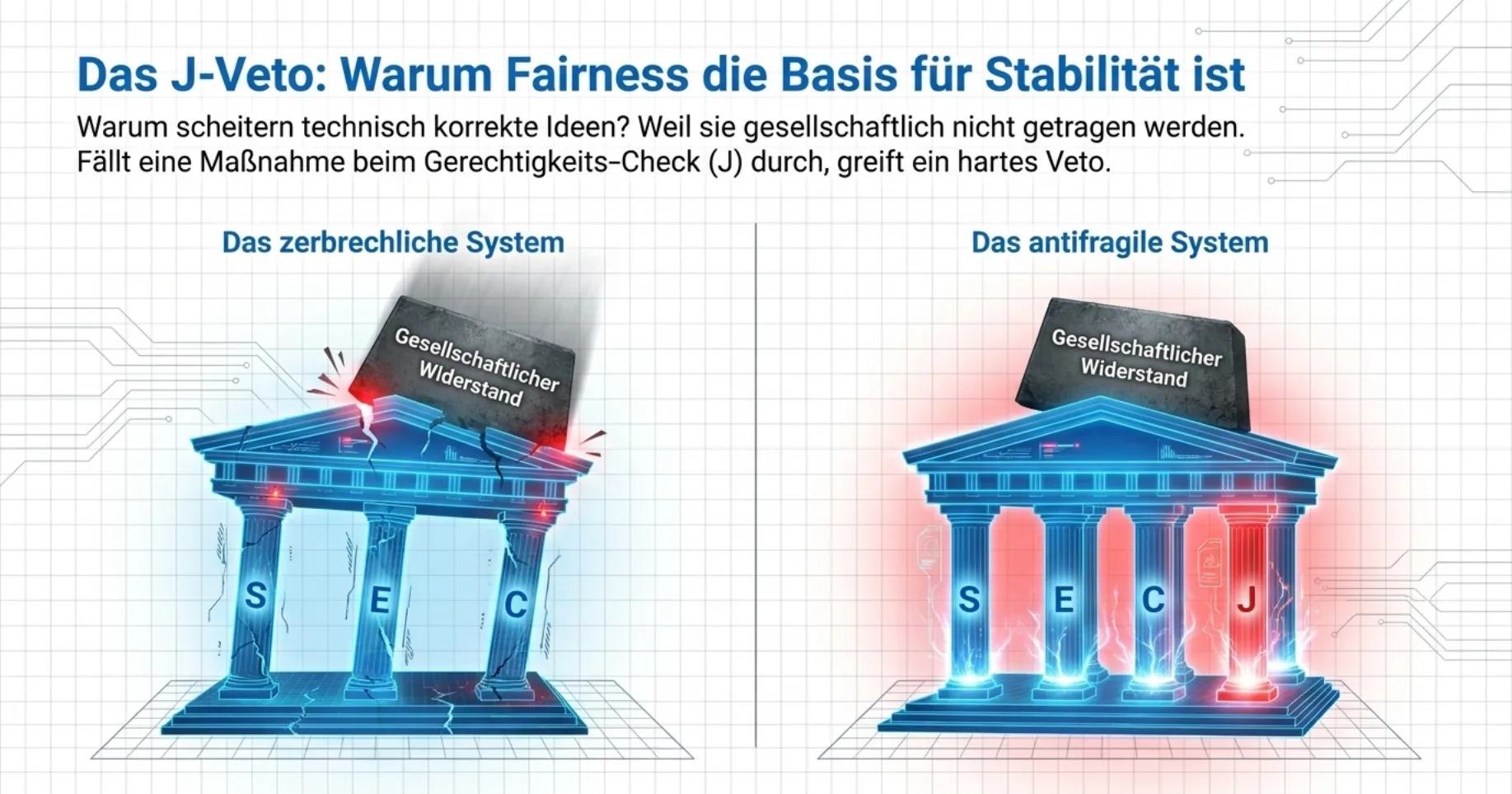 Das J-Veto: Warum Fairness die Basis für Stabilität ist. Vergleich zwischen einem zerbrechlichen Tempel-System (drei Säulen S, E, C, gesellschaftlicher Widerstand bringt es zum Einsturz) und einem antifragilen System (vier Säulen S, E, C, J, gesellschaftlicher Widerstand wird absorbiert).