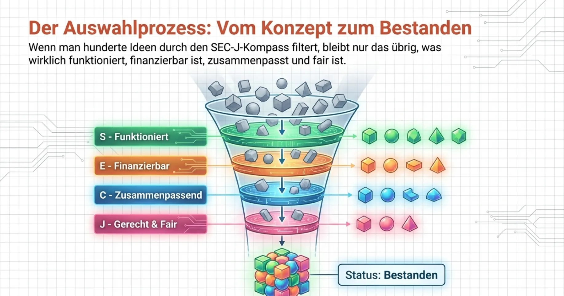 Der Auswahlprozess: Vom Konzept zum Bestanden. Trichter mit vier farbigen Filter-Ebenen (S Funktioniert, E Finanzierbar, C Zusammenpassend, J Gerecht & Fair); aus chaotischen Eingangs-Formen entsteht ein geordneter Würfel mit Status Bestanden.