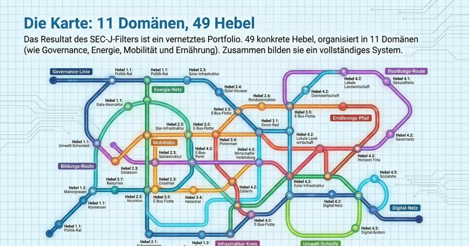 Die Karte: 11 Domänen, 49 Hebel. Visualisierung als U-Bahn-Streckenplan — bunte Linien für Domänen wie Governance-Linie, Energie-Netz, Mobilitäts-Pfad, Bildungs-Route, Ernährungs-Pfad, Digital-Netz, Umwelt-Schleife, Infrastruktur-Kreis, mit zahlreichen Hebel-Stationen.