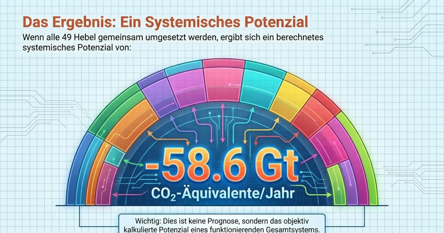 Das Ergebnis: Ein Systemisches Potenzial. Halbkreis-Diagramm aus farbigen Sektoren mit zentralem Wert: minus 58,6 Gt CO₂-Äquivalente pro Jahr. Hinweis-Banner: Dies ist keine Prognose, sondern das objektiv kalkulierte Potenzial eines funktionierenden Gesamtsystems.