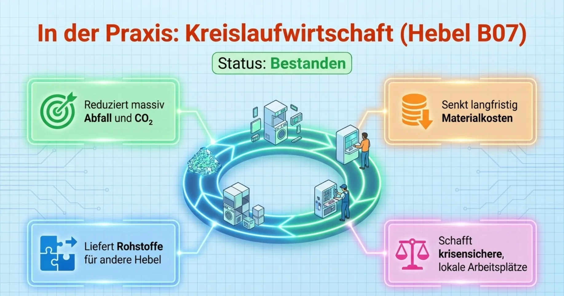 In der Praxis: Kreislaufwirtschaft (Hebel B07). Status Bestanden. Vier Vorteils-Kreise: reduziert Abfall und CO₂, senkt langfristig Materialkosten, liefert Rohstoffe für andere Hebel, schafft krisensichere lokale Arbeitsplätze.