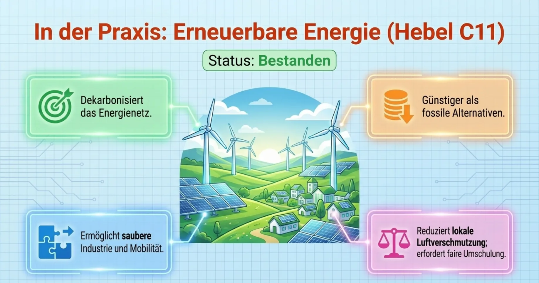In der Praxis: Erneuerbare Energie (Hebel C11). Status Bestanden. Vier Vorteils-Kreise: dekarbonisiert das Energienetz, günstiger als fossile Alternativen, ermöglicht saubere Industrie und Mobilität, reduziert lokale Luftverschmutzung mit fairer Umschulung.