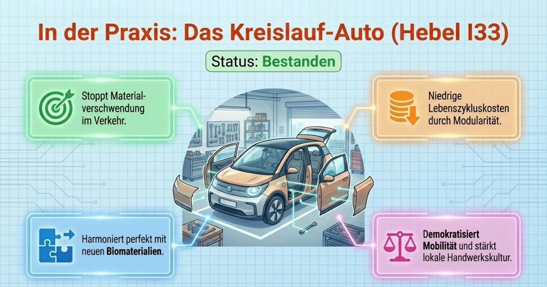 In der Praxis: Das Kreislauf-Auto (Hebel I33). Status Bestanden. Vier Vorteils-Kreise: stoppt Materialverschwendung im Verkehr, niedrige Lebenszykluskosten durch Modularität, harmoniert mit neuen Biomaterialien, demokratisiert Mobilität und stärkt lokale Handwerkskultur.