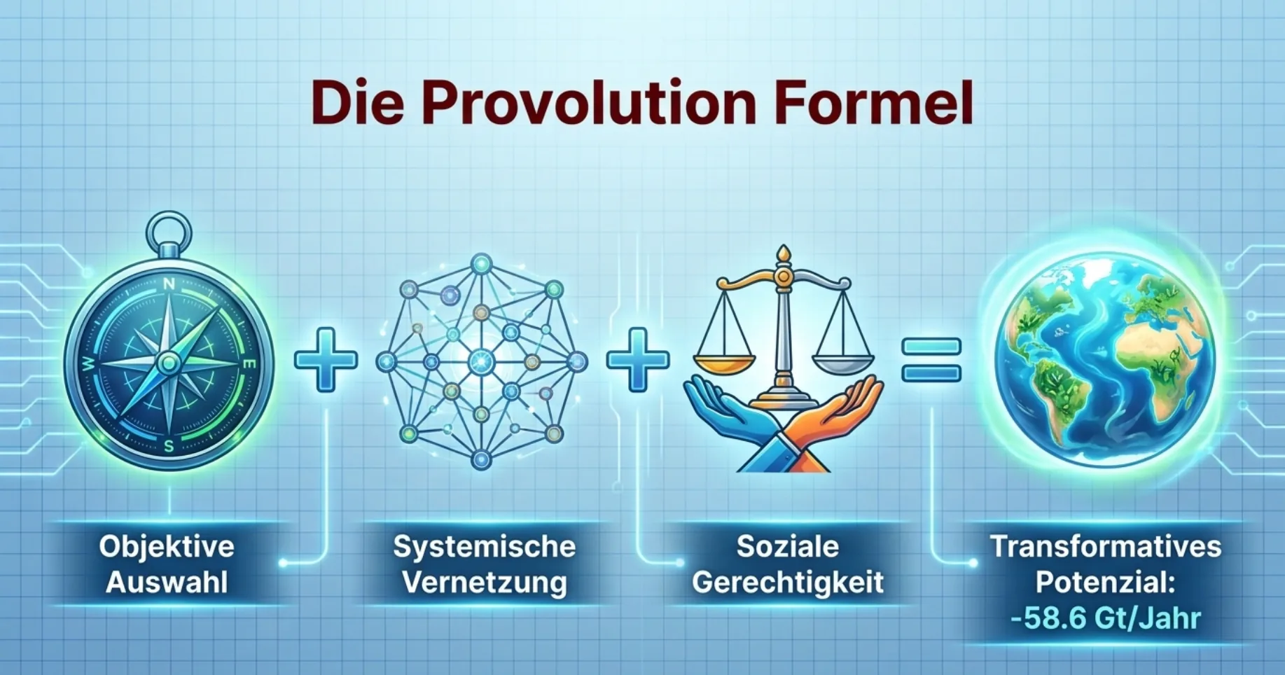 Die Provolution-Formel. Vier Symbol-Bausteine als Gleichung: Kompass (objektive Auswahl) plus Netzwerk (systemische Vernetzung) plus Waage (soziale Gerechtigkeit) gleich Erdkugel (transformatives Potenzial: minus 58,6 Gt pro Jahr).
