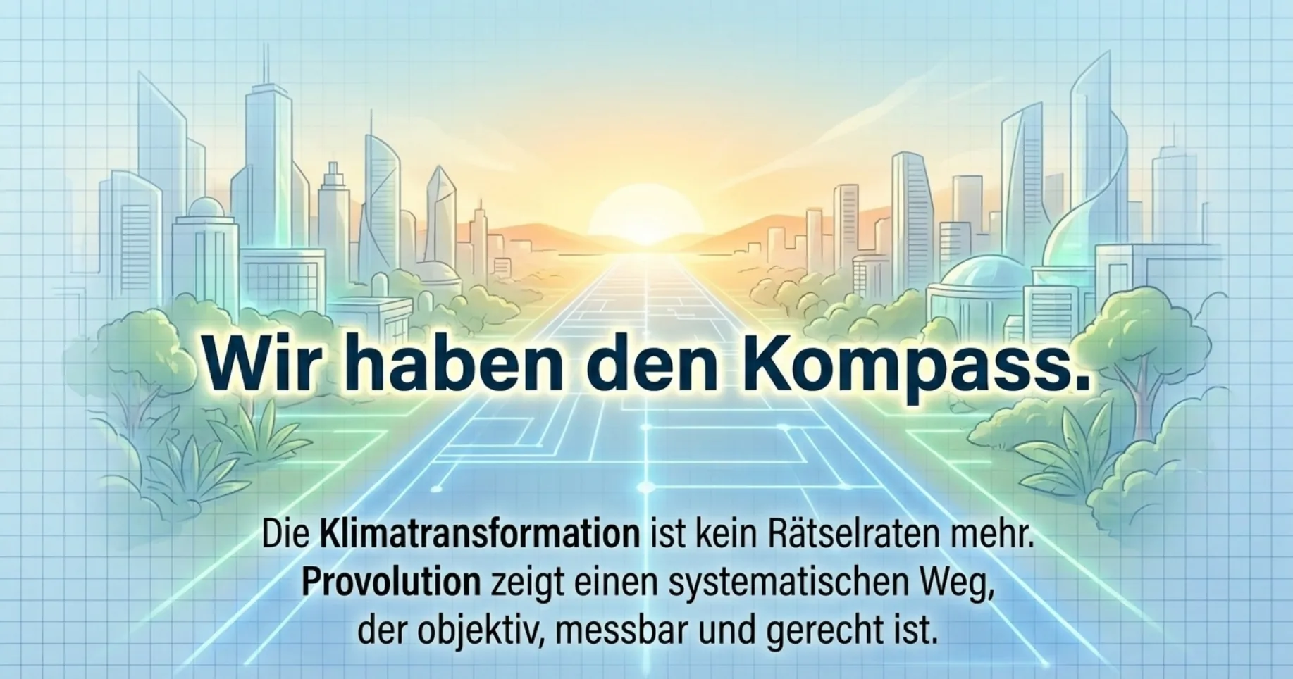 Schluss-Bild: Eine sonnenbeschienene Straße führt durch eine grüne, nachhaltige Stadt. Schriftzug: Wir haben den Kompass.